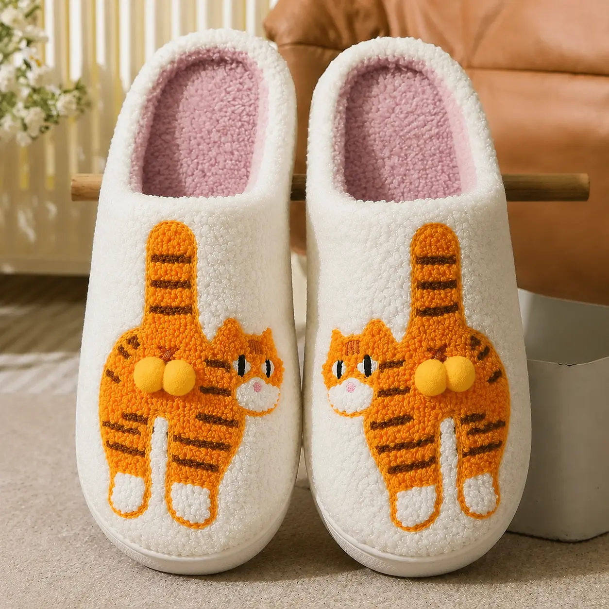 Cute Orange Cat & Corgi Dog Pattern Plush Slippers with Double Pom-Pom Bell Detail, Warm Fuzzy Indoor House Shoes for Women