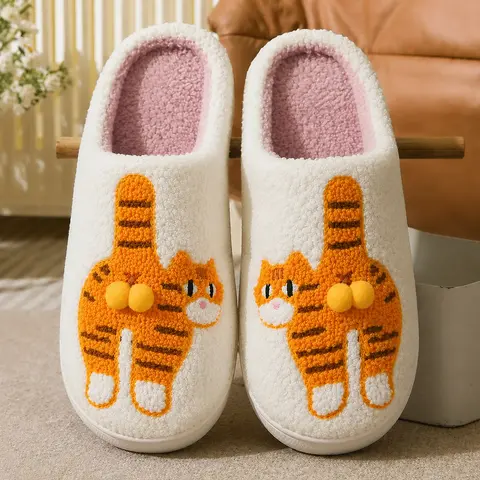 Women's Cute Orange Cat & Corgi Pattern Plush Slippers, Warm Fuzzy Indoor House Shoes with Double Pom-Pom Bell Detail, Slippers For Women, House Slippers