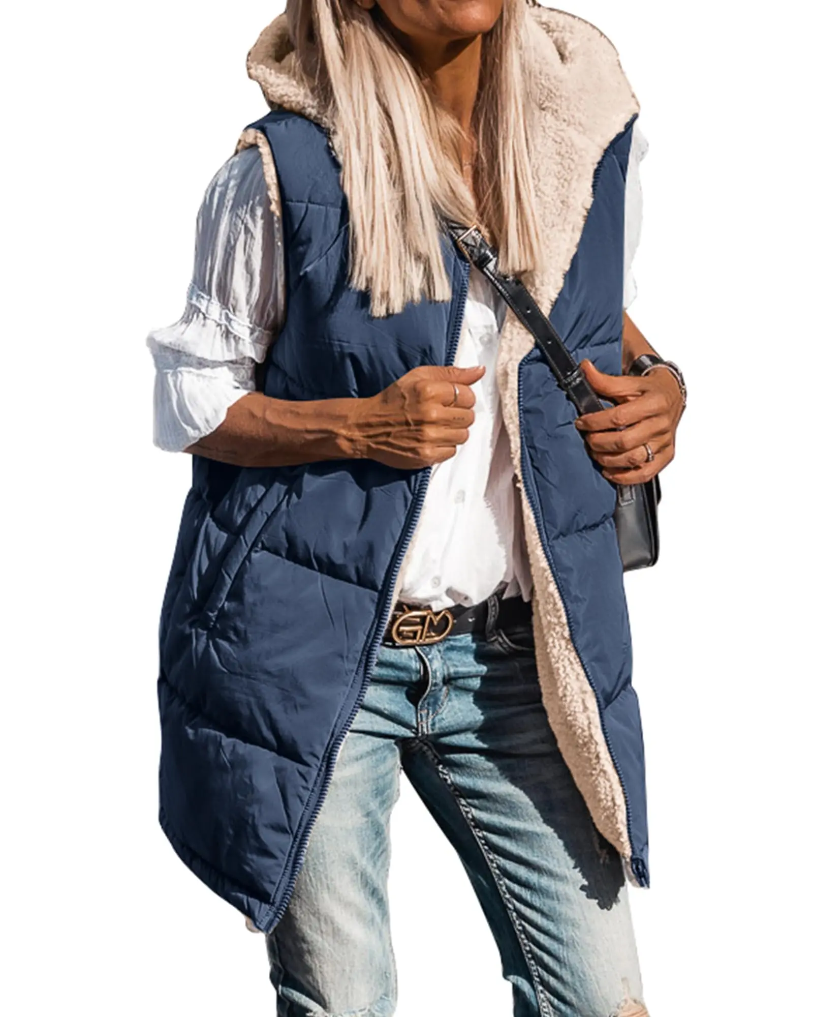 BTFBM Long Puffer Vest Women Fleece Sherpa Jacket Sleeveless Hooded Reversible Zip Up Winter Coat Fall Vests Outerwear