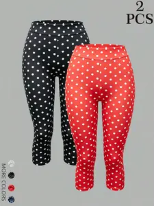 2 Pack Women Polka Dot Capri Leggings, High Waisted Tummy Control, Soft Casual Workout Yoga Pants, Slim Fit Athletic Jogger Pants, Athleisure Style Bottoms