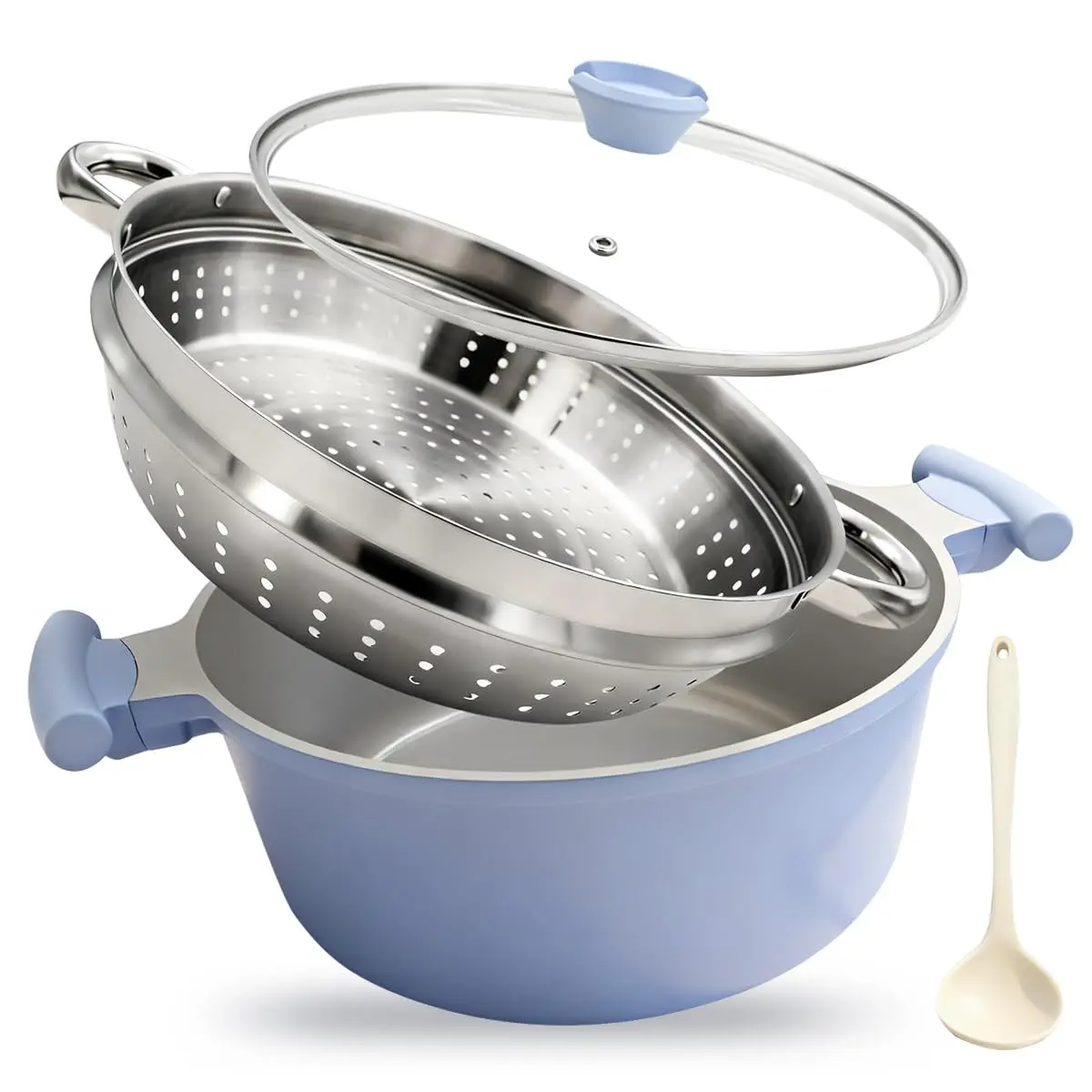 WENZHUO 7 Qt Blue Ceramic Cookware Steamer Pot with Built-in Steaming Basket, Glass Lid, Wide Handles, Rack, All Induction Stove Compatible, Ideal for Crab
