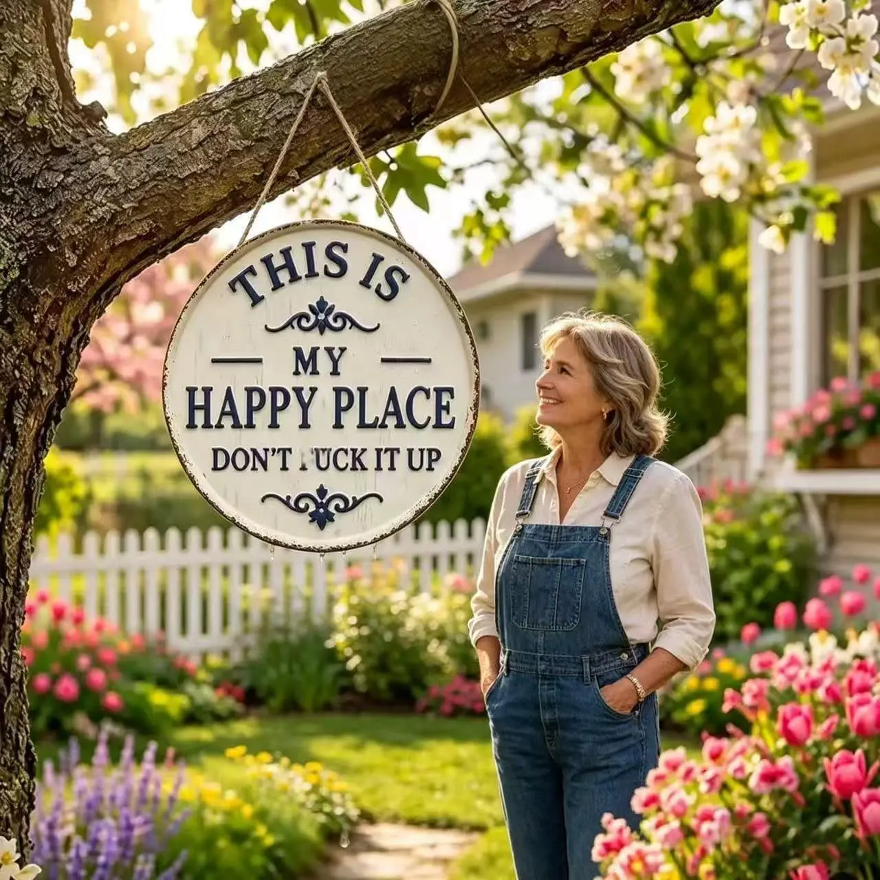 Funny Garden Wood Round Sign - "This Is My Happy Place Don't F*ck It Up" Vintage Decor, Farmhouse Look Outdoor Decor, Welcome Plaque for Home Garden (11.8*11.8in)
