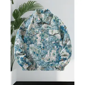 Men's Floral Print Button Front Jacket, Regular Fit Casual Pocket Long Sleeve Collared Outerwear for Spring & Fall, Fashion Men's Clothes for Daily Wear