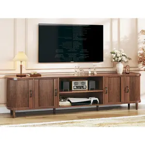 【Limited time deal】 BM-LZR TV Stand for 75 inch TV, Mid Century Modern Entertainment Center for 55/60/65/75 inch TV, with Fluted Door Cabinets & Open Shelves, TV Consoles, Walnut