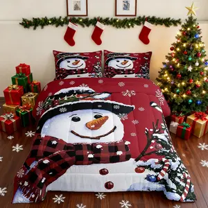 Christmas Theme Decorations Luxury Bedding Set,Xmas Snowman Bed Comforter Set,Snowflake Kawaii Cute Comforter,Red Comfortable Bedding