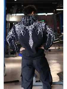 Men's Dark Thorn Skull Full Print Hoodie, Sweatshirts, Metal Wind Heavy Industry Style, Loose Oversized Fit, Casual Streetwear for All Seasons