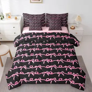 Feelyou 7-Pc Microfiber Black and Pink Bow Bedding Set - Ribbon Bow Knot Comforter, Striped Fitted Sheet, Striped Flat Sheet, Preppy Princess Bed Set for Girls, Girly Bedroom Decor, Microfiber Bedding