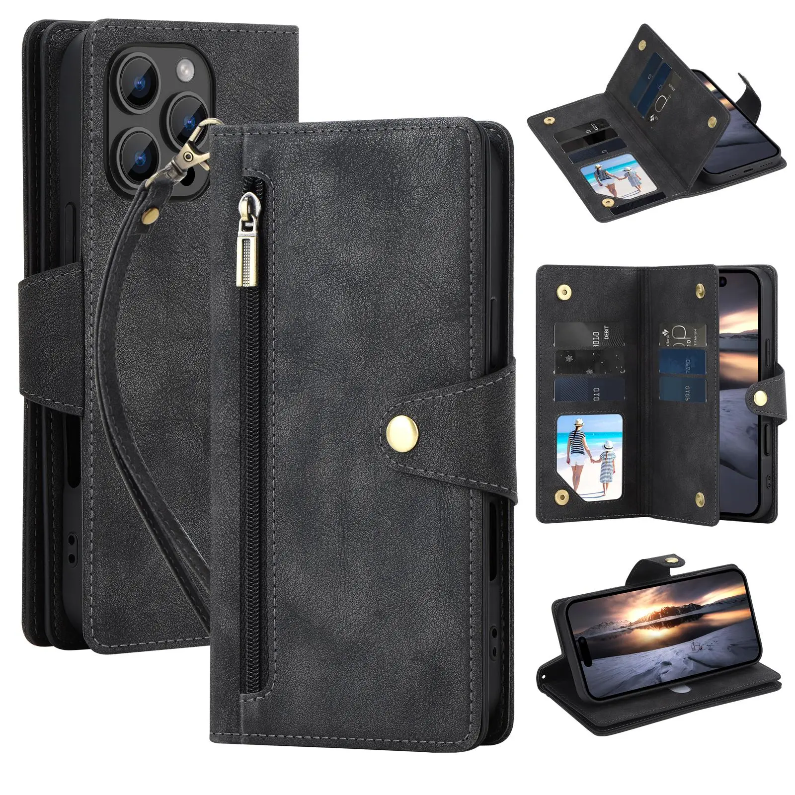 Vintage Rivet Buckle Zipper Bag Wallet Protective Handheld Phone Case, Durable PU Leather Flip Stand Card Case for iPhone, Cover, Protection, Accessories, Tpu Smartphone Casing