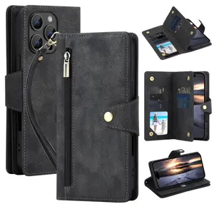Vintage Rivet Buckle Zipper Bag Wallet Phone Case, Durable PU Leather Flip Stand Card Case for iPhone, Cover, Protection, Accessories