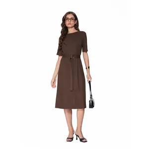Vinova Casual Dresses for Women Short Sleeve Midi Modest Crew Neck Summer Dress with Belt Brown Formal