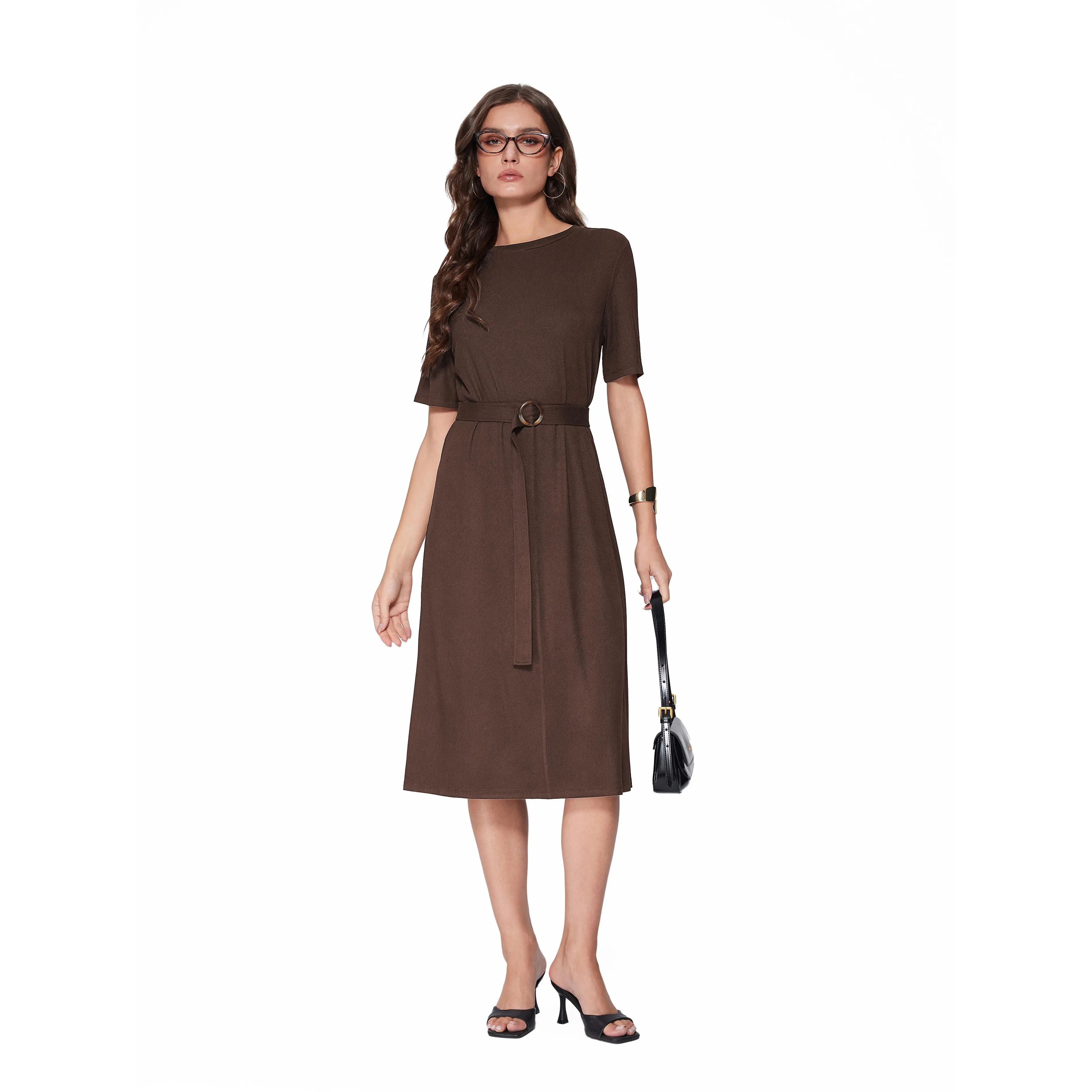 Vinova Casual Dresses for Women Short Sleeve Midi Modest Crew Neck Summer Dress with Belt Brown Formal