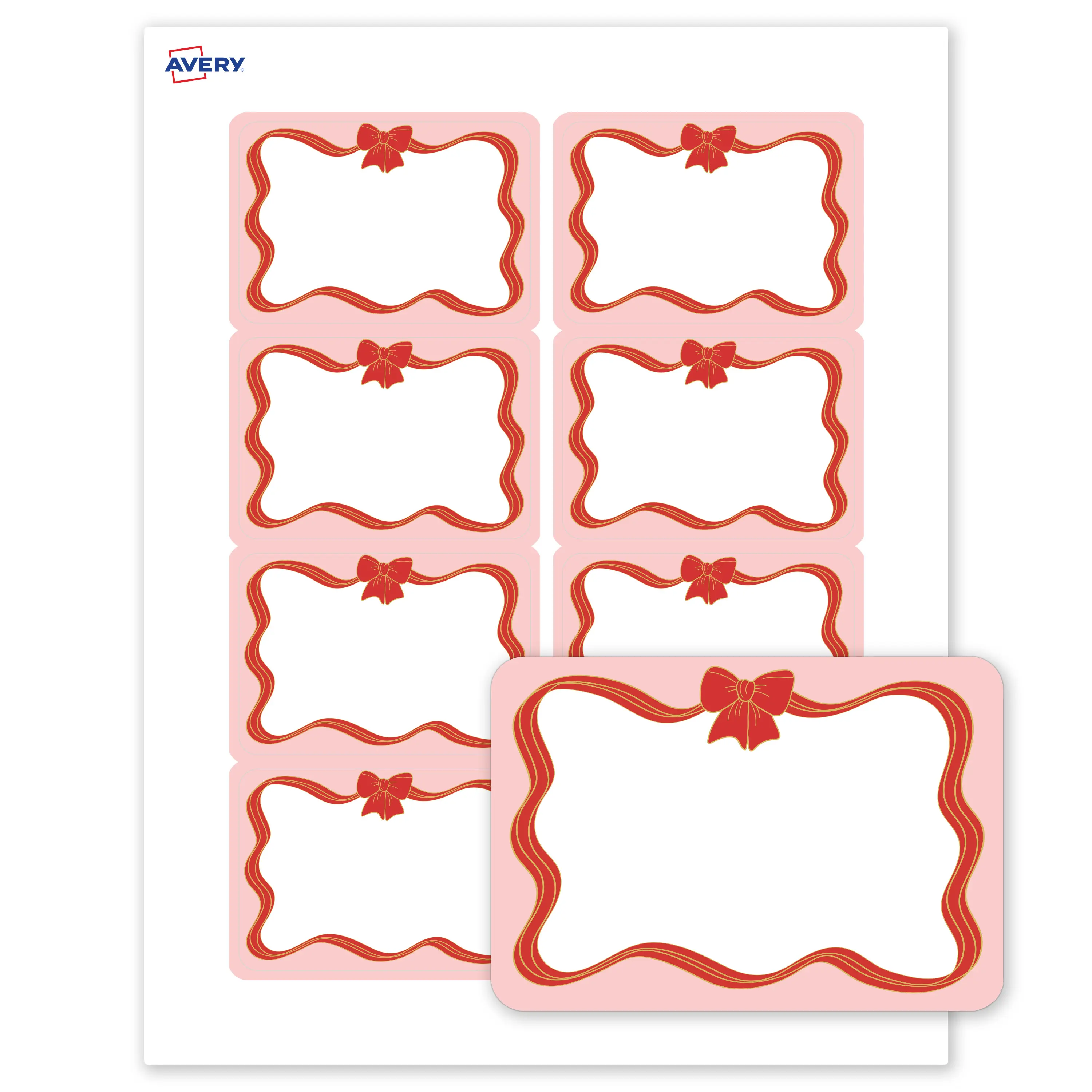 Avery® Printable Christmas Adhesive Name Tags, 2-1/3" x 3-3/8", Matte White, Pre-printed Pink Border/Red & Metallic Gold Bow Design, Laser & Inkjet Compatible, 160 Total