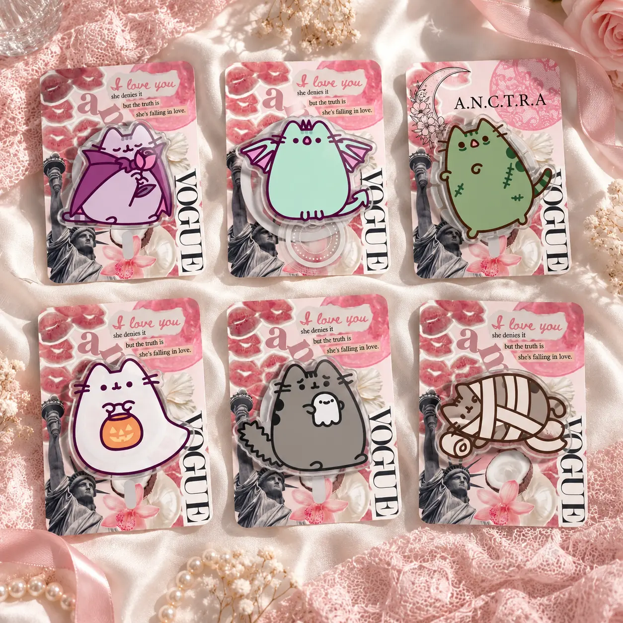 Spooky Cute Halloween Cat Acrylic Phone Grip, Kawaii Chubby Kitty Cell Phone Holder, Creepy Cute Ghost Vampire Mummy Stand, Pastel Goth E-Reader Mount