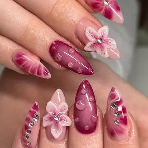 Almond Fake Nail, 24pcs/set Flower Decor Fake Nail with Nail File & Tape, Removable Nail Art Artificial Full Cover, Women Girls DIY Manicure
