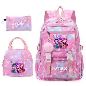 3-Piece School Backpack Set for Girls Teens, Back to School Pink Star Backpack with Lunch Bag Pencil Pouch, 15.6in Laptop Bag, Cute Cartoon Anime Style Shoulder Bag for Girls, Back to School Travel Birthday Gift