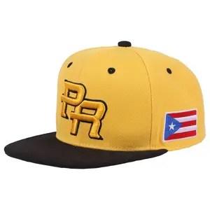 PR Yellow And Black Color Blocking Snapback Embroidered Puerto Rico Character Design Adjustable Cap Hip-Hop Sun Protection Hat for Men and Women Casual Personality Outdoor Hat