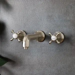 Brushed Nickel Wall Mount Bathroom Sink Faucet with Cross Handle Knobs sink faucet