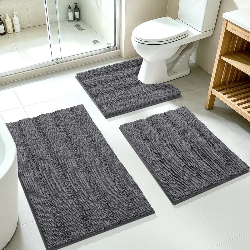 ACCUMTEK 3-Piece Soft Striped Rectangle Chenille Bathroom Rug Set - Contour, U-Shape Edge Hold, PVC Grip, Absorbent Chenille Fiber, Keeps Floors Dry, Plush Shaggy Weave, Machine Washable, Bathroom Accessory