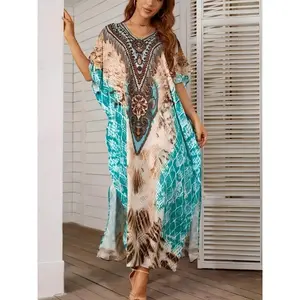 Plus-Size Kaftan Dresses for Women – V-Neck Batwing Dress, Loose Fit, Swimsuit Cover-Up, Moroccan Caftan Mumu Dresses