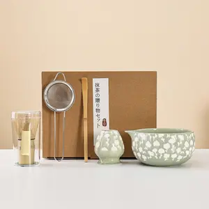 Japanese Matcha Tea Set, 5-Piece Floral Theme, Tea Making Tools, Includes Ceramic Bowl, Bamboo Whisk, Sieve, Spoon, Ideal for Home Gatherings and Outdoor Use, Matcha Kit Set