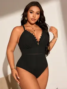 Plus Size Sexy Swimsuit, Deep V Neck High Waist Slim Fit, Perfect for Beach Vacation and Party, Flattering Design for Curvy Women, High Waisted Swimsuit