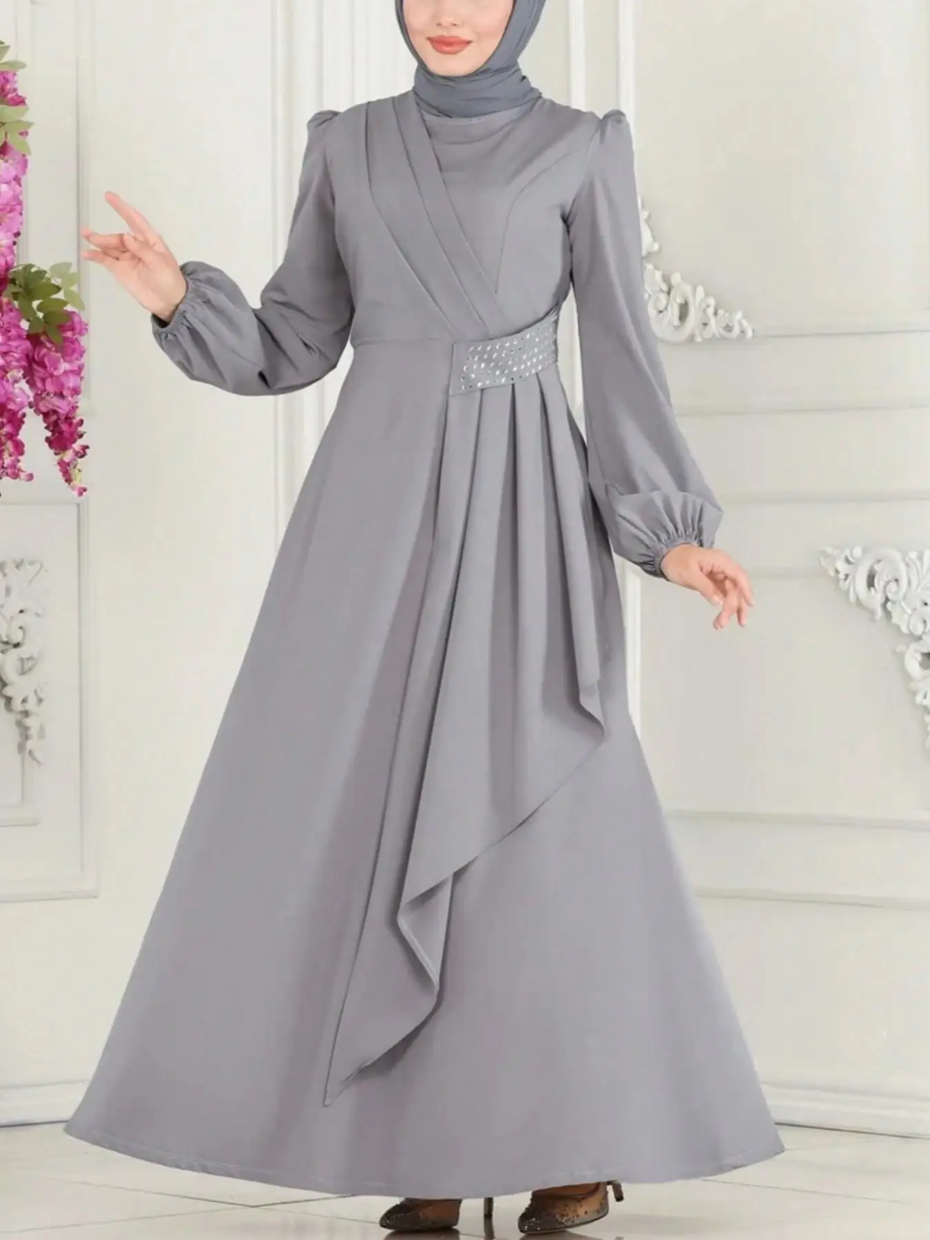 Women's Plain Round Neck Long Sleeve Arabian Dress, Casual Crew Neck Long Dress for Daily Wear, Ladies Clothes for All Seasons