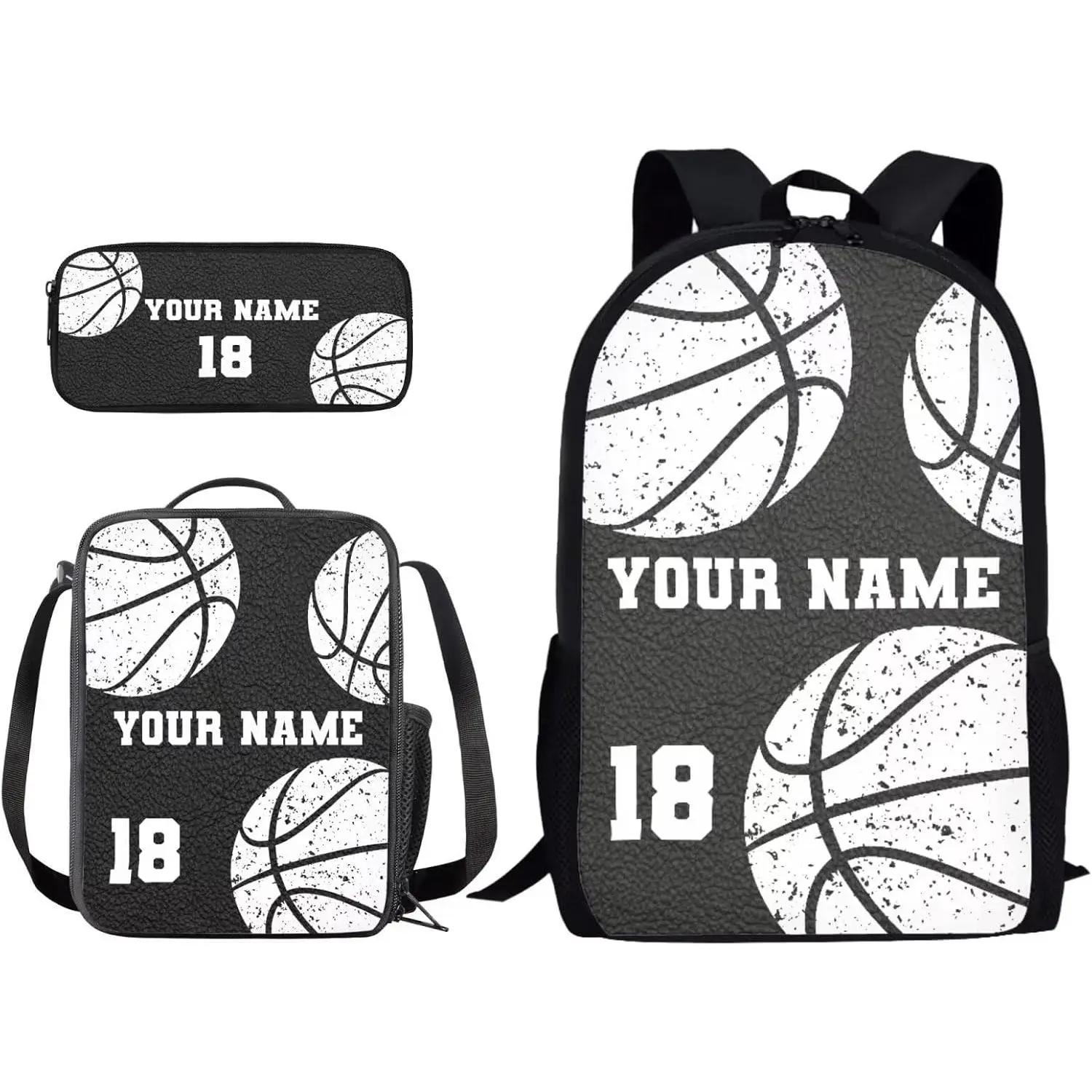 Unisex Personalized Design Basketball Backpack 3pcs Set - 600D Oxford Cloth, Adjustable Straps, Breathable, Fits 15-inch Laptop, W/Lunch Box & Pencil Case, Distressed White Basketballs, Space to Add Name & Jersey Number, for Kids School/Travel