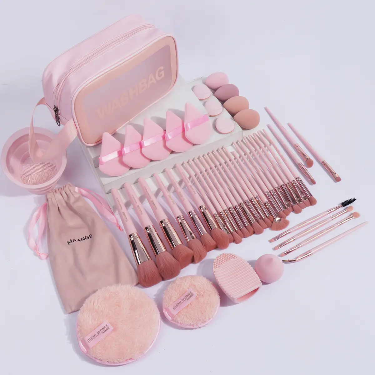 MAANGE 49-Piece Makeup Tool Kit with Soft Brushes, Beauty Sponge, Puffs, and Cleaner Mat, Includes Travel Makeup Bag for Application & Cleansing, Flawless, Makeup Brushes Organizer