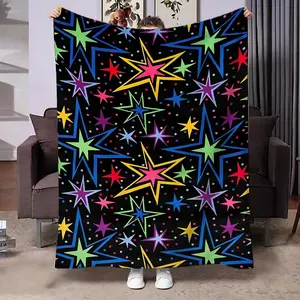 Colorful Star Print Flannel Blanket, Soft Skin-Friendly Throw for Bedroom Living Room Sofa Office Home Decor, All Seasons