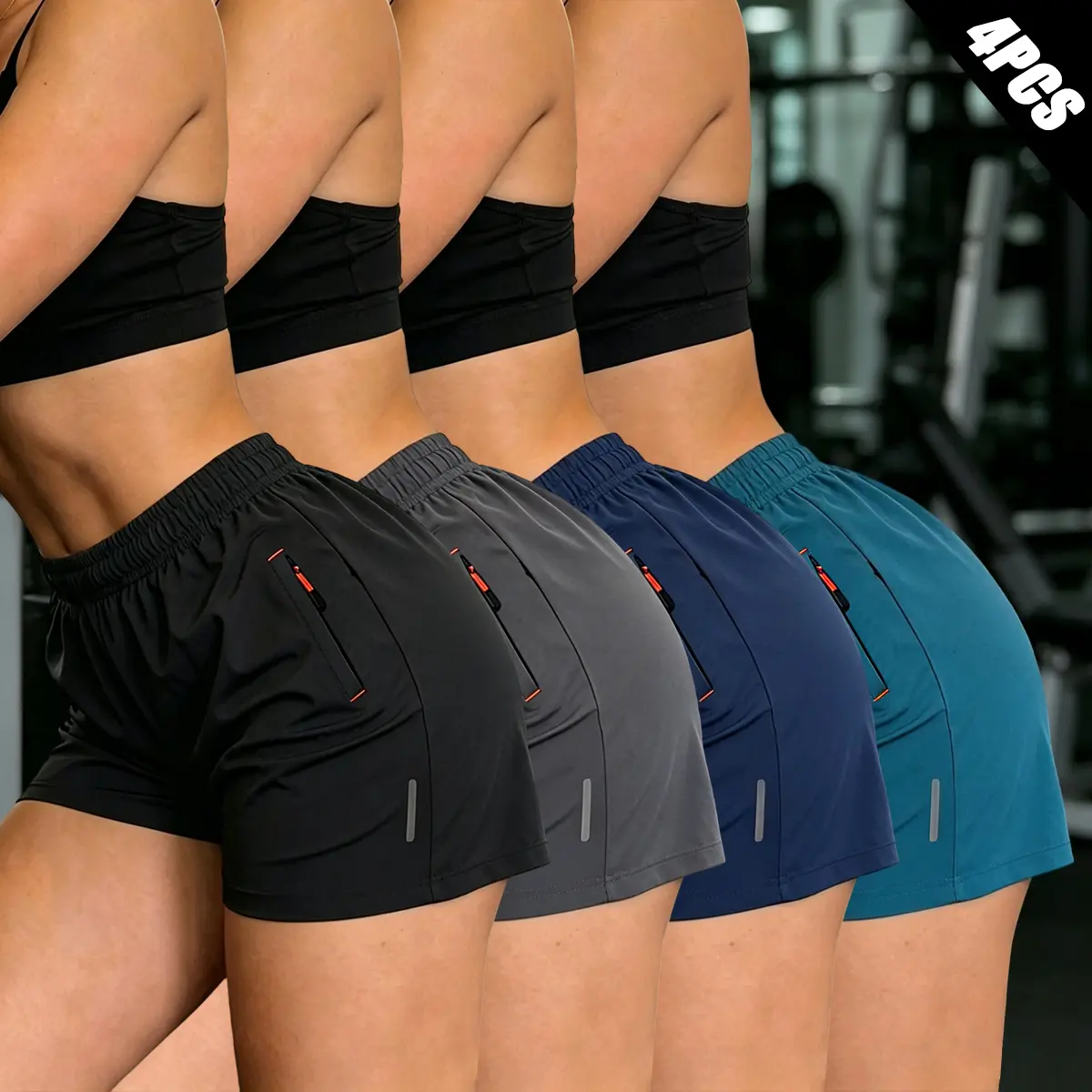 4-pack women’s quick-dry athletic shorts with an elastic waistband; lightweight and breathable—ideal for gym workouts and jogging training. Reflective stripe design and a loose fit; suitable for yoga and tennis. Sweat-wicking quick-dry shorts with secure
