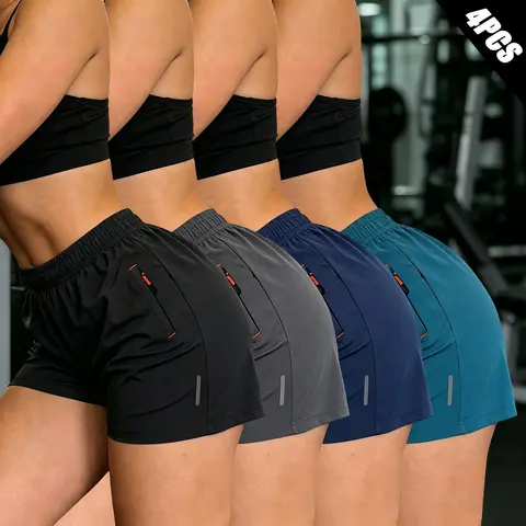 Women's 4-Pack Lightweight Quick-Dry Sporty Sports Shorts - Loose-Fit, Elastic Waistband, Reflective Stripe, Gym Workout Apparel - Ideal for Gym Jogging, Training