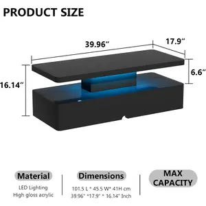 oneinmil Modern LED Coffee Table, 40 Inches Living Room Tables with 16 Colors LED Lights, Double-Layer Design, Stylish Coffee Tables for Living Room, Home, Office, Black