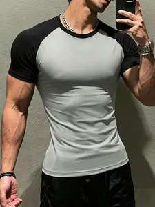 Men's European Style Raglan Colorblock Fitness Short Sleeve T-Shirt, Sporty Design, High Elasticity, Quick-Dry, Breathable, Slim Fit