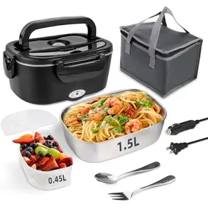 Heated Portable Lunch Box for Adults - 12V/24V/110V (Car/Truck/Office), Removable 304 Stainless Steel Container with Fork/Spoon & Carry Bag