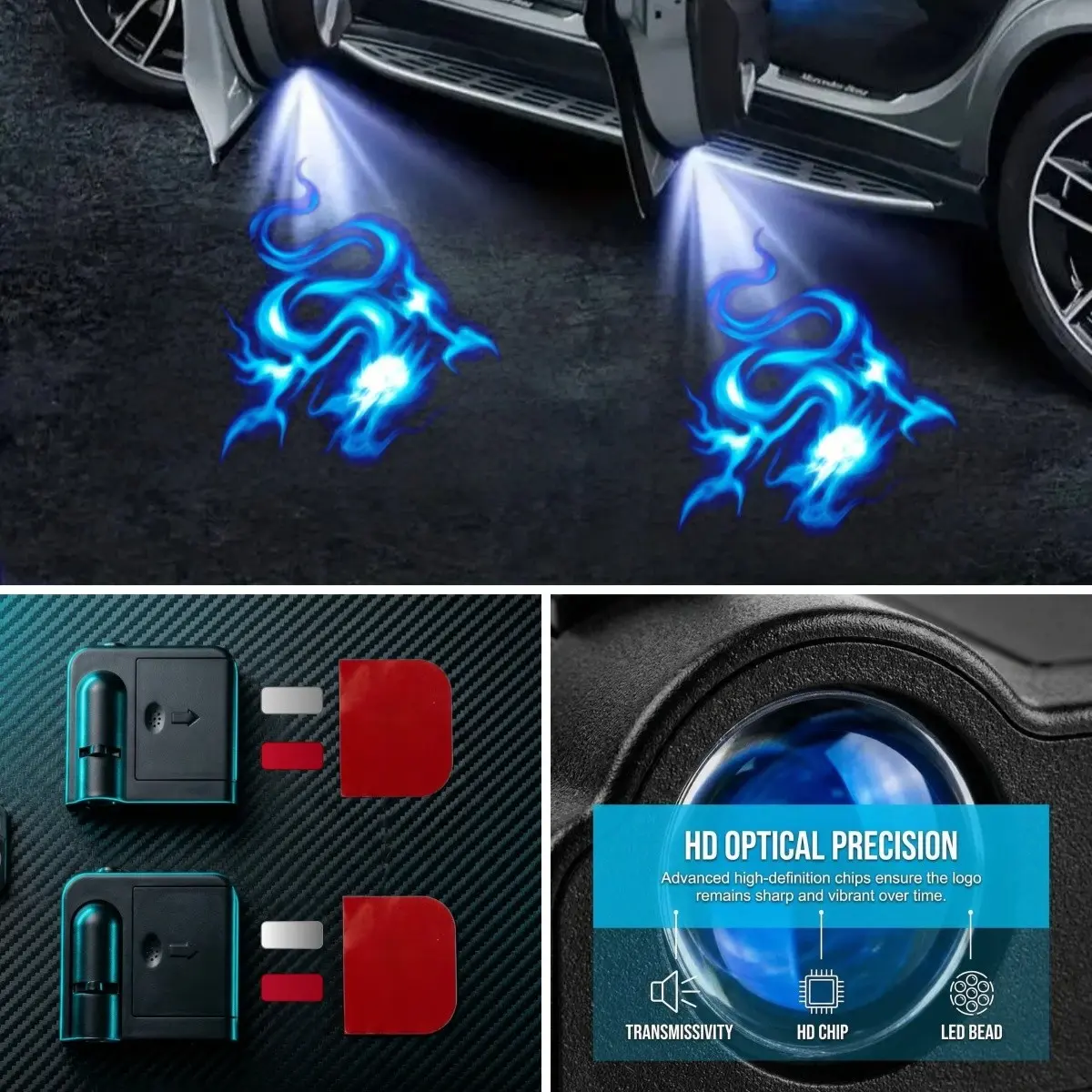 Blue Fire Dragon Car Door Welcome Lights, 2/4 Pack Wireless Induction LED Projector Lights, HD Fade-Resistant Ambient Lamps, Universal Fit for Sedans, SUVs, Pickup Trucks