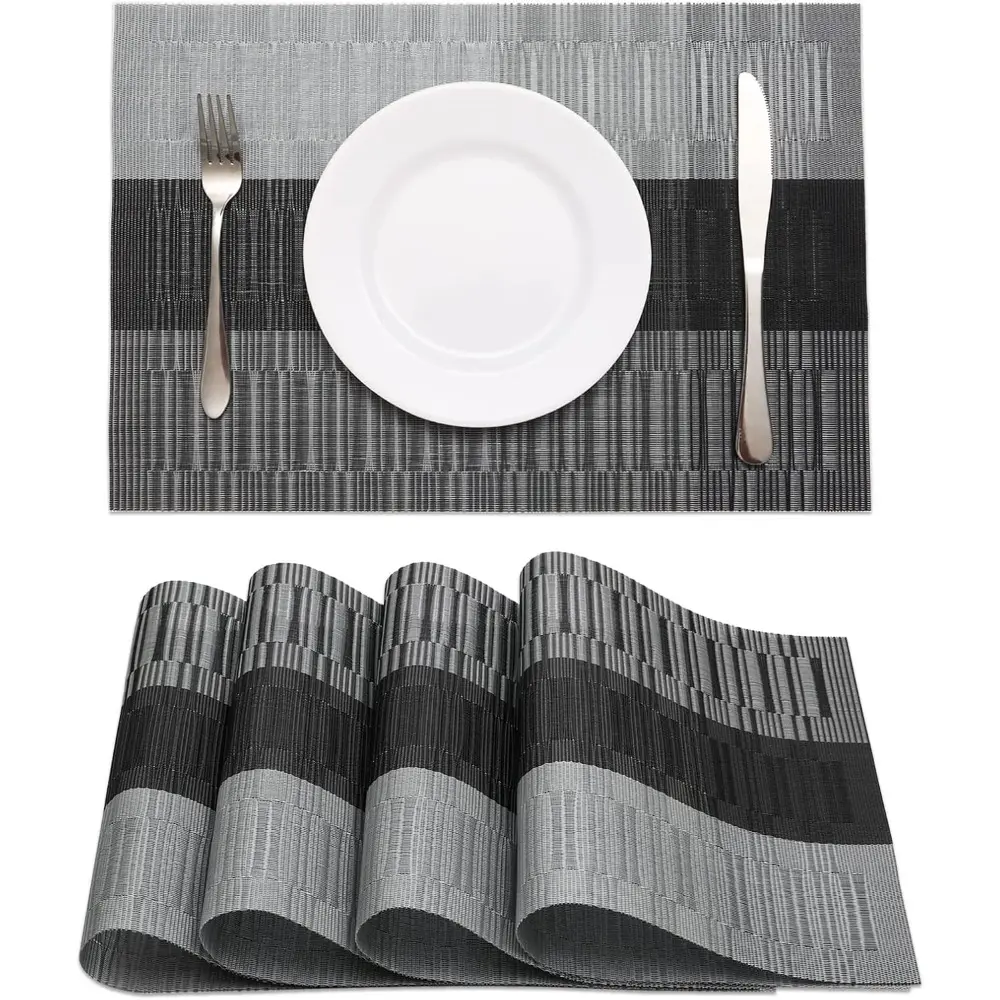 Black Placemats Set of 4 - Heat-Resistant, Washable, Non-Slip Reusable Vinyl Woven Wipeable Tableware for Kitchen Dining Table Decoration, Outdoor, Birthday Use