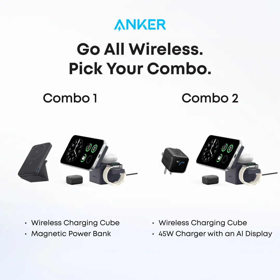 Anker Wireless Charging Bundle (Multi-Options) | 3-in-1 Cube Wireless Charger for iPhone, Airpods and AppleWatch+ 5,000mAh Magnetic Power Bank / 45w Smart Display Charger