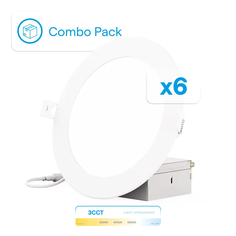 Infibrite 6 Inch 3CCT Selectable 12W 1050LM Thin LED Ceiling Light Kit, Dimmable, Wet Rated (6 Pack)