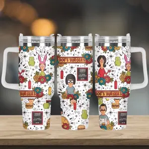 Bob’s Burgers 40oz Tumbler With Handle, Cartoon Family Cup, Stainless Steel Travel Mug, Funny Animation Gift, Gift for Fans