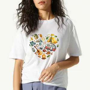 women's T-shirt Camping Adventure Heart Solid color printed short sleeved women's top White, black, khaki Fashion daily women's clothing