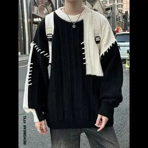 Men's Colorblock Patchwork Drop Shoulder Sweater, Casual Long Sleeve Round Neck Jumper for Fall & Winter, Fashion Men's Knitwear for Daily Wear