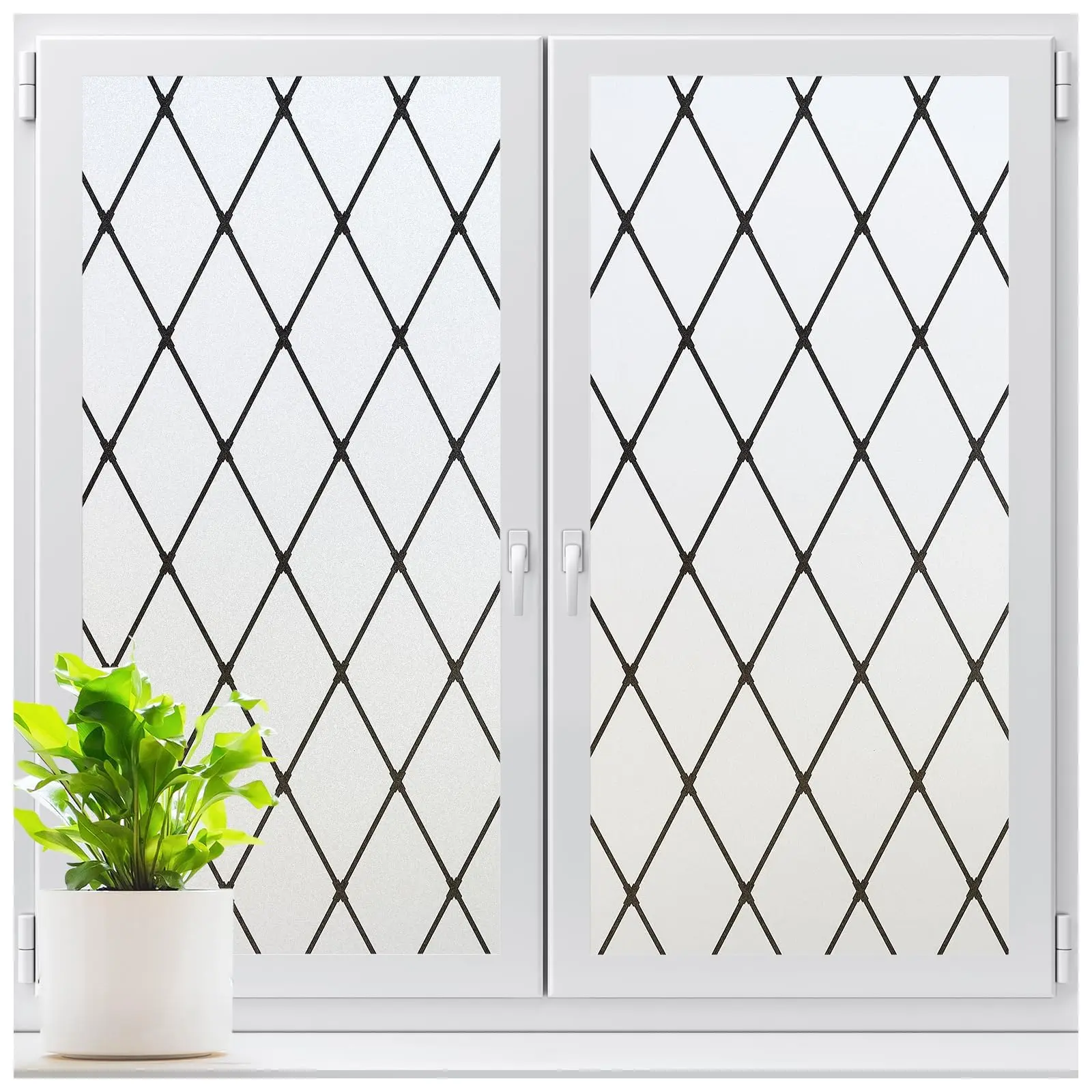 Frosted Window Film  Static Cling Uv Sun Blocking Heat Control Cover Removable Non-adhesive Glass Sticker Vinyl Decorative Bathroom Frosting Decals Black Lattice 17.5" X 78.7"