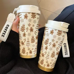 530ML Korean Christmas Gingerbread Man Coffee Cup with Straw, Stainless Steel Insulated Travel Mug Tumbler, Casual Home and Outdoor Gift