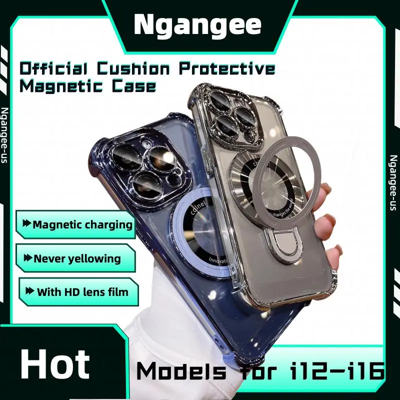 [2nd Big Deals]NganGee Protective Four Comers thicken Cushion Drop-proof Clear Platic magsafe Phone Case Comes with Sticky Stand Olated Clear Bracket