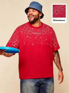 Men's Red Star Rhinestone Optimum Graphic T‑Shirt, Sparkly Hotfix Diamond Streetwear Oversized Tee, Casual Crew Neck Short Sleeve, Breathable Bling Party Top for Gen Z