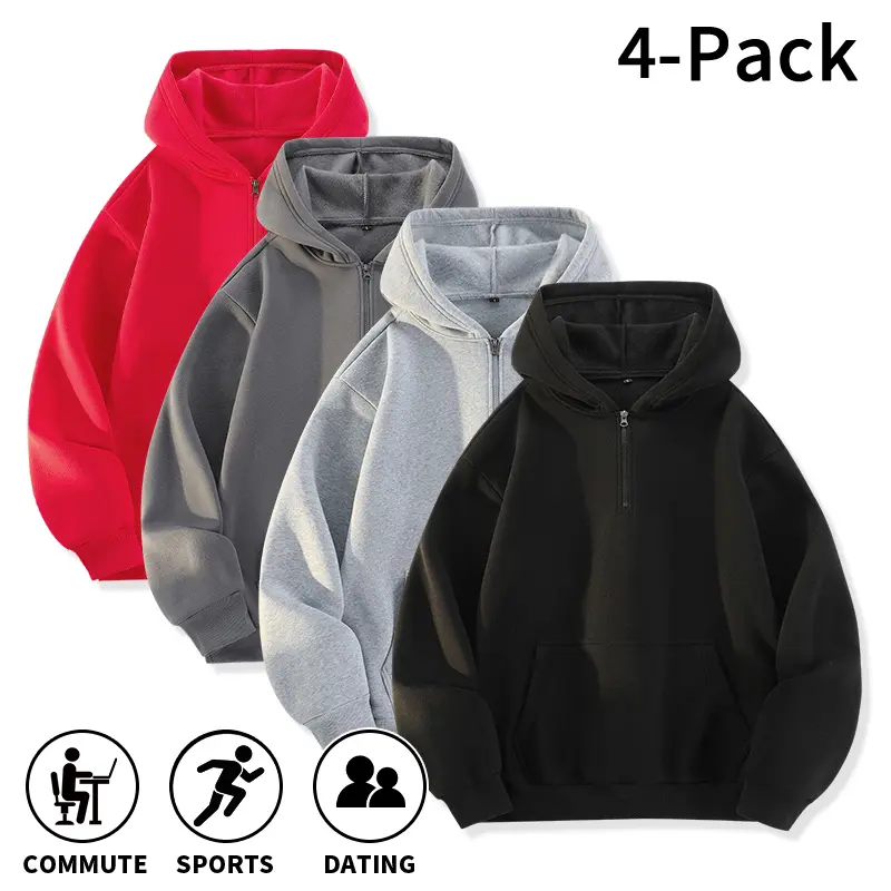 4-Pack Men Autumn Winter Quarter Zip Hooded Sweatshirts Loose Oversized Fit Soft Fabric Adjustable Drawstring Hood Kangaroo Pocket Long Sleeve Casual Hoodies Ideal For Daily Commute, Sports Training, Dating, Outdoor Leisure Multi Color Bundle