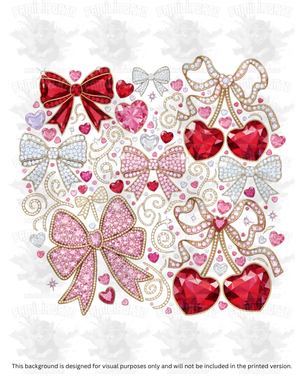 Unisex Customizable Durable Hot-Peel Valentine's Day DTF Transfer - Rhinestones, Pink Bows, Red Heart Cherries, Scratch-Resistant, Stretchable DIY Specialty Supply, Scratch Resistance