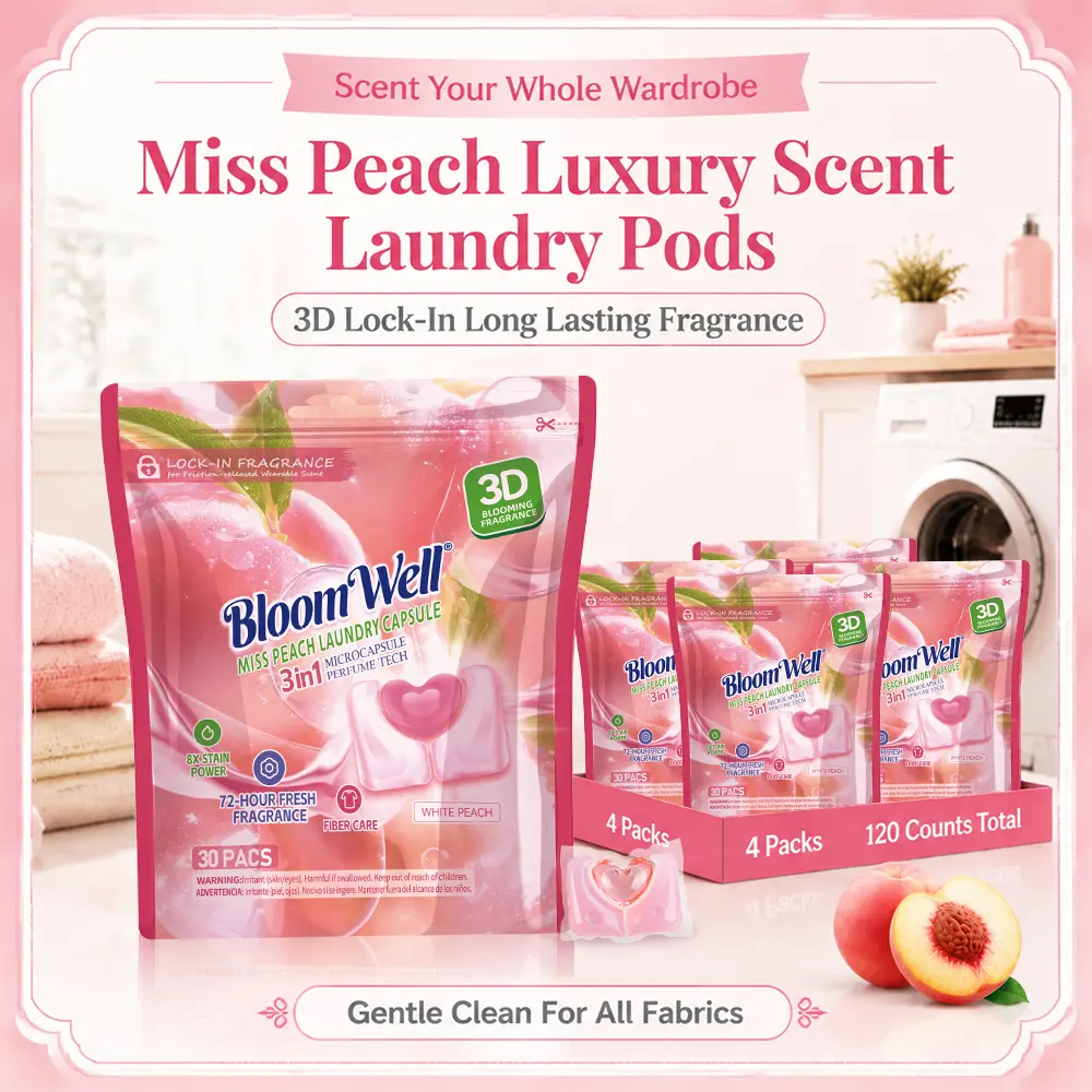 Family Size, BloomWell4th Gen 3D Fragrance Lock-In Microcapsule Beads, Long-Lasting Scent, Luxury Fragrance, Stain Removal, HE Compatible,Ultra Fast-Dissolving, Non-Bio Enzyme，1Bag/4 Bags Laundry Detergent Pods, 30 Pcs/Bag,