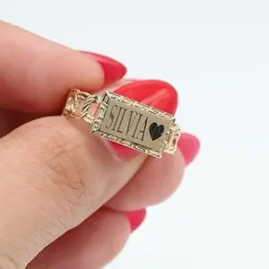14KT Gold Personalized Plaque Ring with Intricate Chain Design and Custom Engraving Options