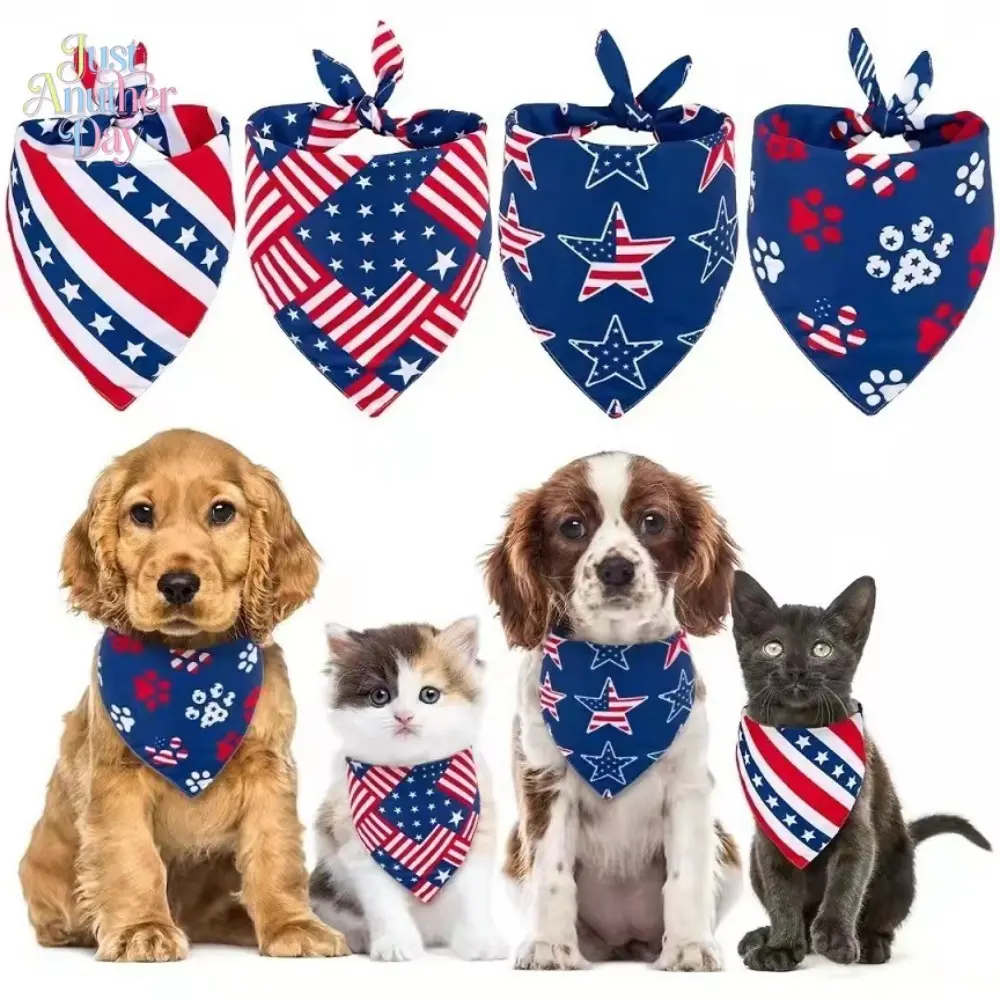 4Pcs American Flag Style Pet Bandanas, Patriotic Triangle Dog Scarves, Adjustable Polyester Pet Bibs for Dogs & Cats, 4th of July & Daily Decor